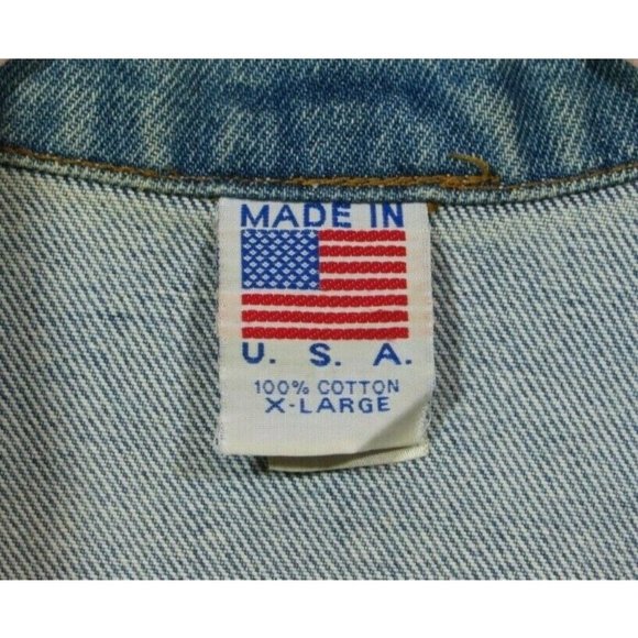 Men’s Denim Jean Jacket Embossed God Bless America XL Tyca Buttons Made in USA - Picture 3 of 5